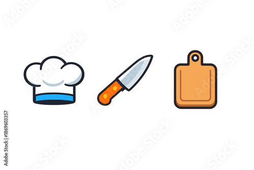 Chef hat, knife, and cutting board icons