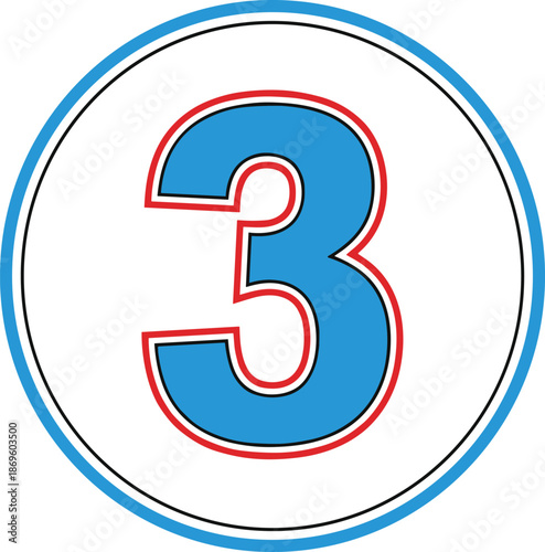 Large blue number three in red white and blue circle