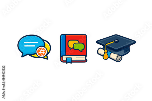 Education and communication icons set on dark background
