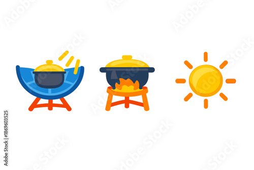 Three icons of cooking pots and a sun