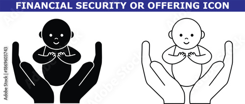 A graphic illustration of a baby being cradled in hands, symbolizing financial security or offering.