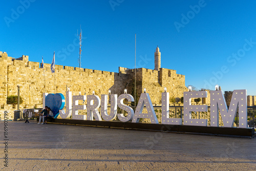 Installation “I love Jerusalem” against the background of the walls of the old city and the Tower of David