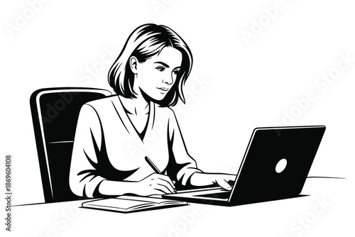 A focused woman works diligently on her laptop while taking notes.