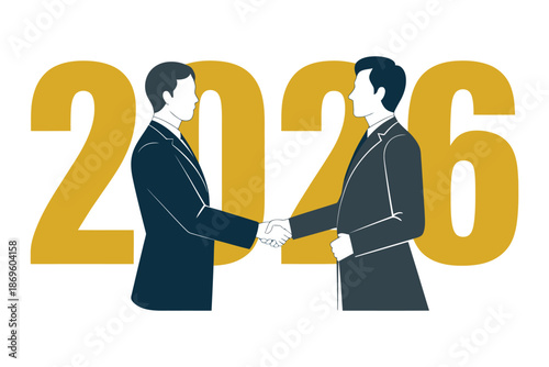 Two businessmen shake hands in front of the year 2026 signifying a new partnership.