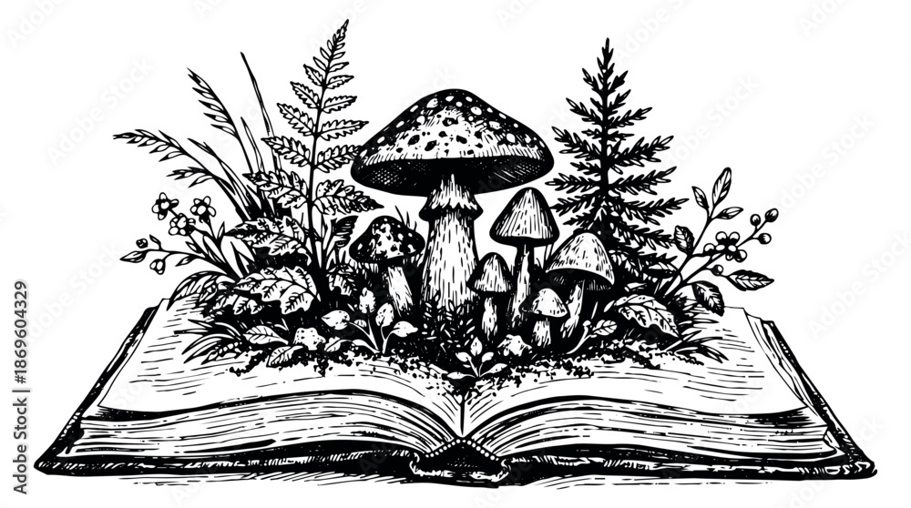 Obraz premium Hand drawn line art illustration of an open book with mushrooms and forest plants depicting an enchanted garden for nature and fantasy themes