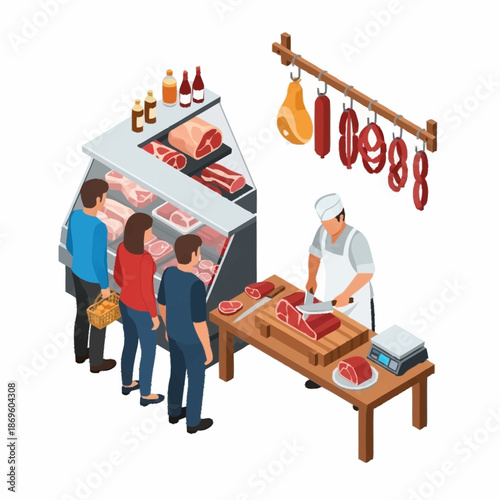Butcher shop scene with customers and a butcher preparing fresh meat.