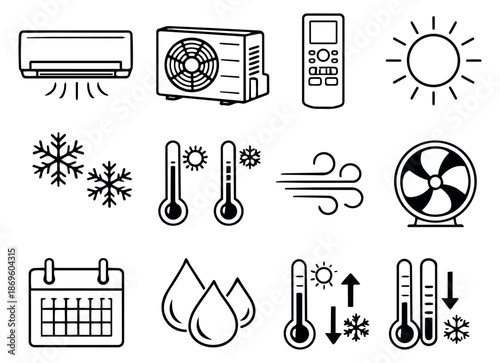 Line art air conditioning and climate control set featuring air conditioning units, remote control, weather elements, and temperature indicators for climate regulation