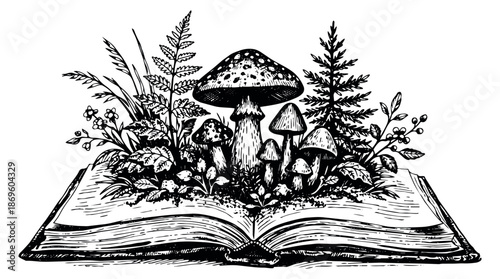 Hand drawn line art illustration of an open book with mushrooms and forest plants depicting an enchanted garden for nature and fantasy themes