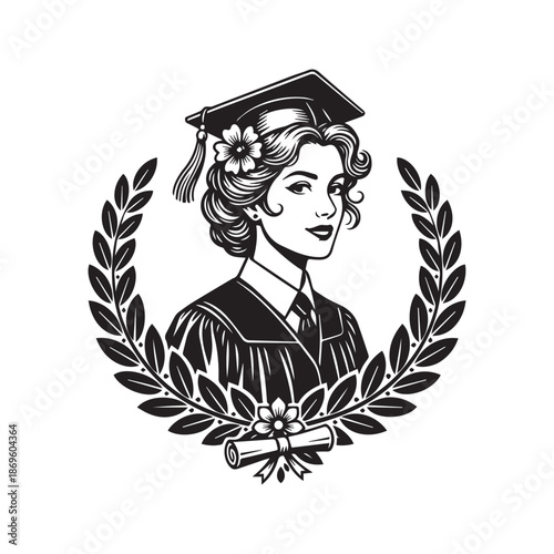 Female graduate silhouette portrait with floral laurel wreath. Vector black and white illustration of university student in mortarboard cap and gown. Education logo design or academic achievement symb