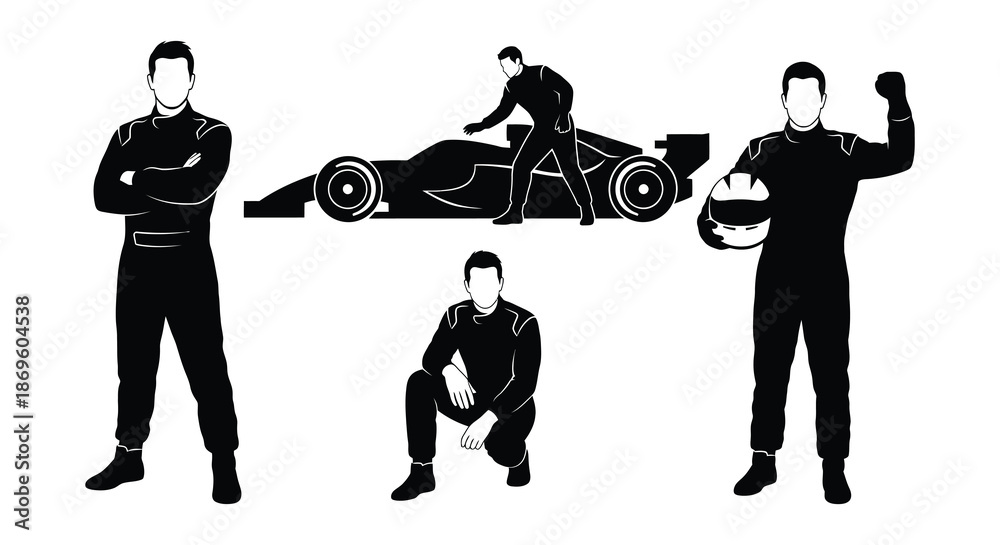 Fototapeta premium Silhouette depictions of race car drivers and a formula one vehicle