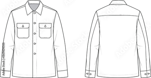 Button-up shirt sketch, technical garment drawing, front and back view, chest pockets, pointed collar, yoke detail, flat vector illustration