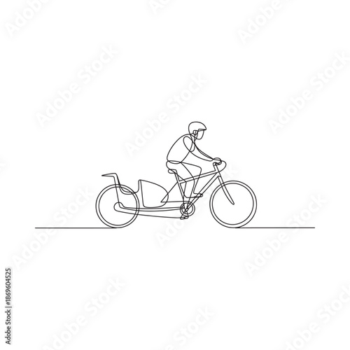A continuous line drawing depicts a cyclist riding a tandem bicycle outdoors