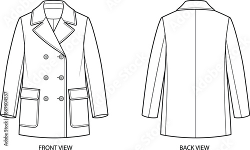 Double-breasted coat sketch, technical garment drawing, front and back view, notched lapel, flap pockets, center seam, flat vector illustration