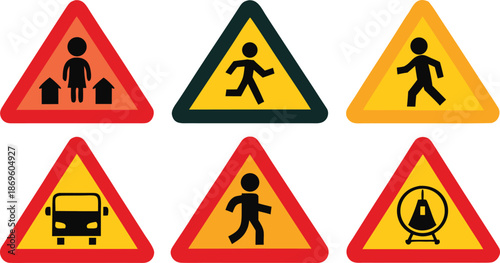 Road warning signs for pedestrians and vehicles traffic caution symbols