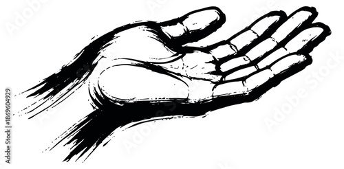 Hand drawn illustration of a human hand depicting an open, upward-facing palm for concepts of offering and receiving