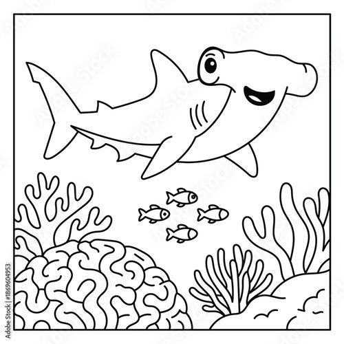 Cute Hammerhead Shark Swimming Underwater Coloring Page Illustration