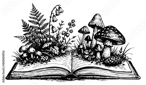 Hand drawn line art illustration of an open book depicting woodland flora and fungi emerging from its pages for fantasy and storytelling