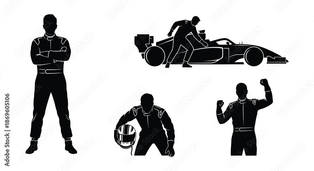 Fototapeta premium Silhouette depictions of race car drivers and a formula one vehicle