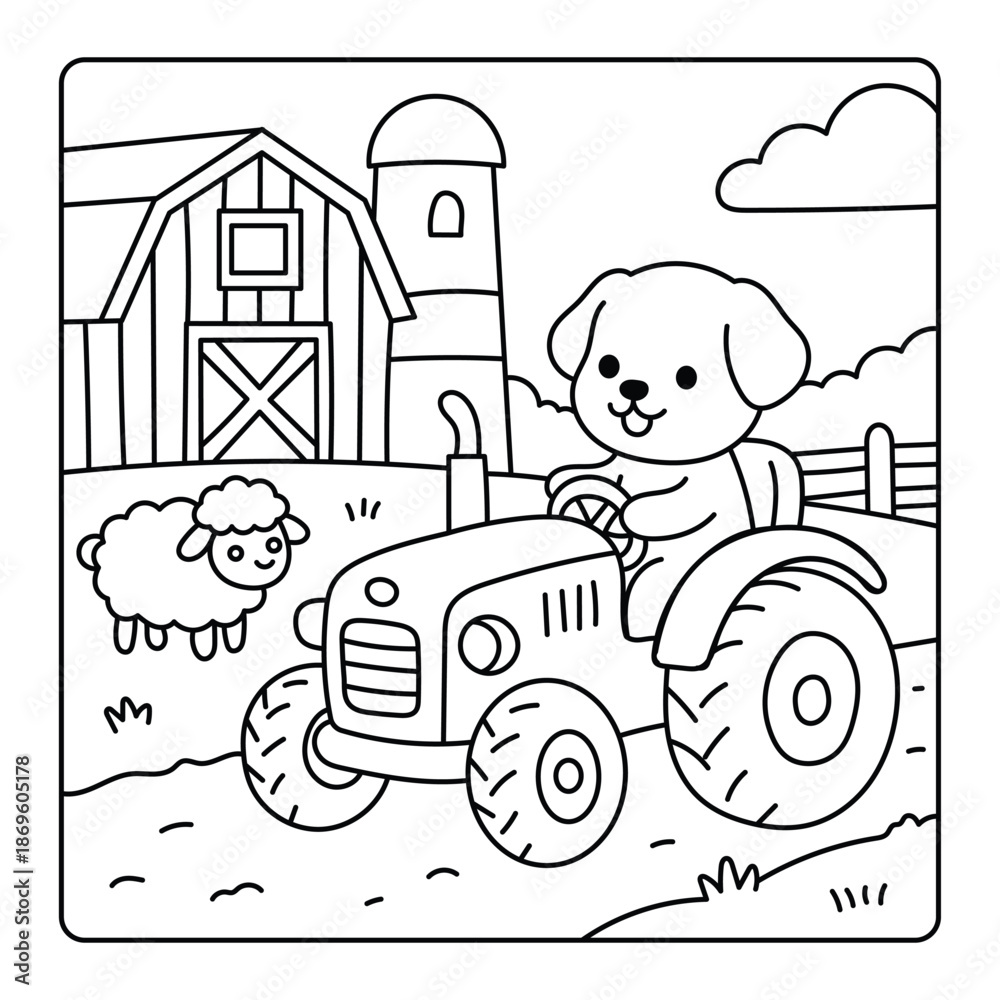Naklejka premium Cute Puppy Driving Tractor on Farm Coloring Page Illustration