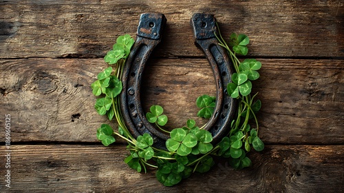Rustic horseshoe adorned with vibrant green clover on weathered wood texture