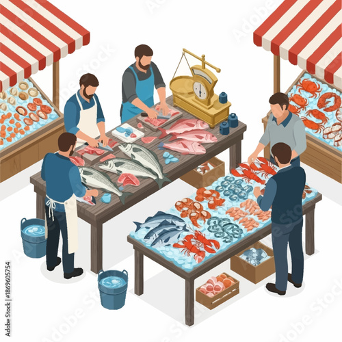 Isometric Fish Market Scene with Vendors and Fresh Seafood Displays.