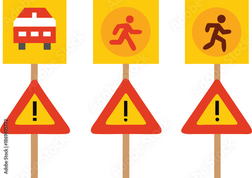 Warning signs for road construction and pedestrian traffic