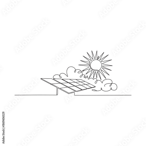 A minimalist line drawing depicts a solar panel absorbing energy from the sun