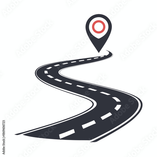 Winding Gray Asphalt Road Illustration with Dashed White Lines, Perspective Highway Path Vector