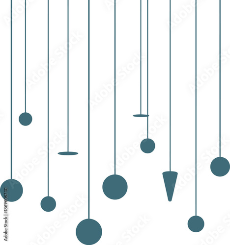 Suspended geometric vector composition featuring circles, discs, and a cone in a minimalist vertical arrangement on white.