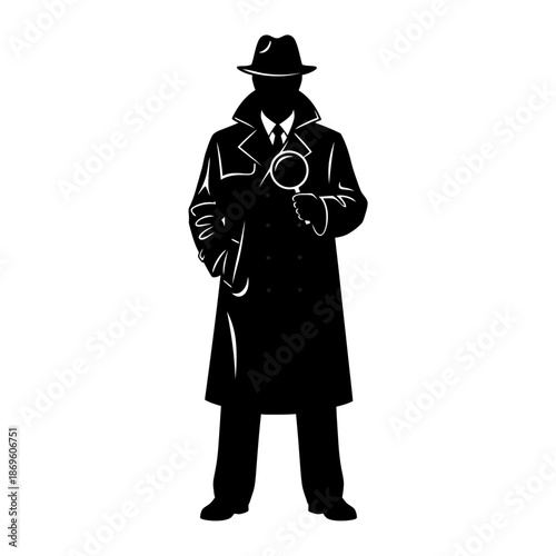 Silhouette of a Detective Holding a Magnifying Glass, Investigating.