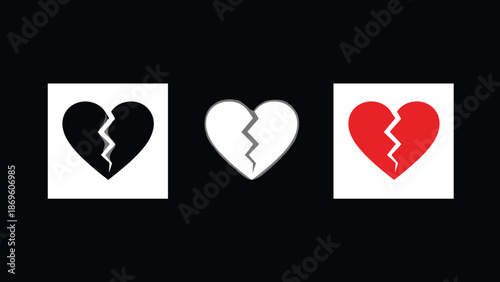 Broken heart icon set in black white and red colors representing love loss heartbreak relationship emotion isolated on dark background
