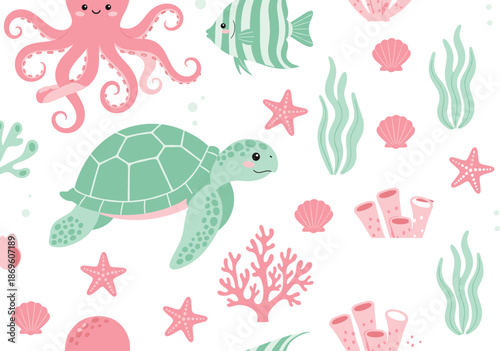 Cute sea animals seamless pattern with turtle, octopus, fish and coral in pastel flat style