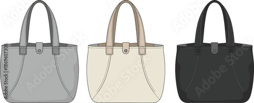 Tote handbags color comparison, gray, beige, black, button strap, curved stitching, fashion accessory, vector art, flat illustration