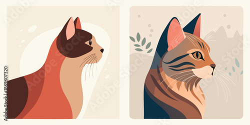 Elegant Feline Profiles: A set of two graceful cat portraits, each meticulously crafted with sleek lines and a touch of artistic flair, capturing the essence of feline charm and poised elegance.