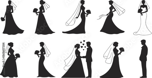 Wedding silhouettes, bride and groom, bouquet pose, romantic icons, black vector, flat illustration, ceremony, love, veil, formal attire