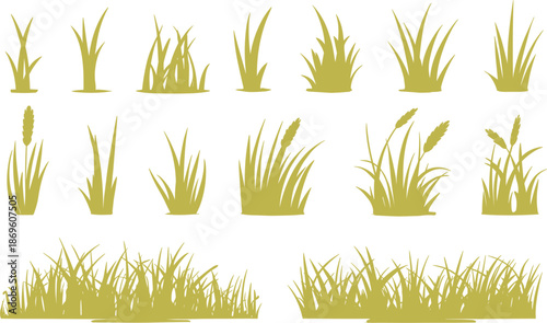 Set of green grass silhouette vector icons, meadow plants elements, field lawn tufts for landscape design