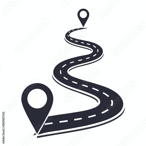 Winding Asphalt Road Graphic, Perspective Highway Design for Transportation and Travel