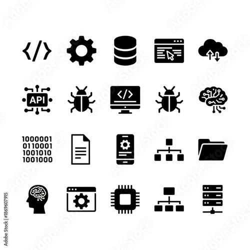 Set of black business icons and symbols for web and mobile applications including vector illustrations for money, travel, bank, and media