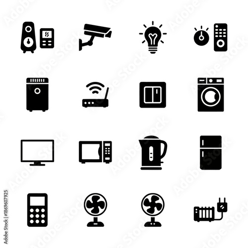 Set of black and white computer and business vector icons including camera phone money and technology communication symbols for web illustration pictogram design