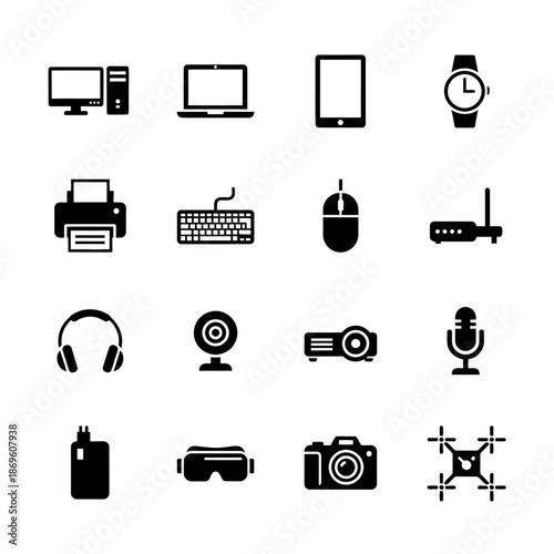 A professional set of black computer and technology icons featuring vector illustrations of business, web, and multimedia symbols like a laptop, phone, and camera for modern website design