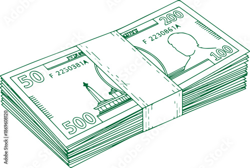 A detailed green line art illustration of a thick stack of paper currency secured by a central paper band, representing high-volume cash, savings, or a financial payout.