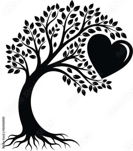 A beautiful silhouette of a vibrant tree with a heart deeply rooted in its loving branches