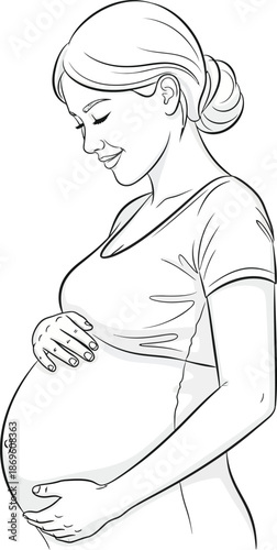 Joyful mother-to-be cradling her baby bump, looking down with a peaceful smile