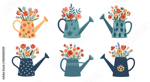 Charming set of various watering cans each holding a beautiful bouquet of colorful flowers symbolizing gardening spring and natural beauty.