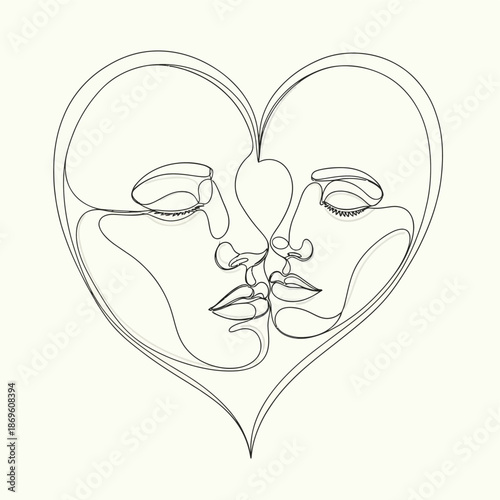 Minimalist continuous line art drawing of two faces in a tender kiss forming a heart