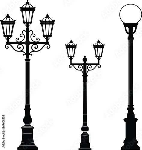 Set of vintage street lamp silhouette vector icons, classic outdoor lantern posts, and urban lighting elements