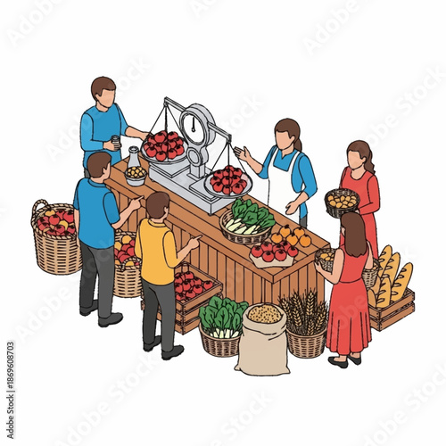 Isometric illustration of people buying fresh produce at a bustling outdoor market stall.