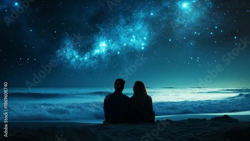 Romantic Couple Sitting on Beach Under Starry Night Sky Milky Way Over Ocean at Night