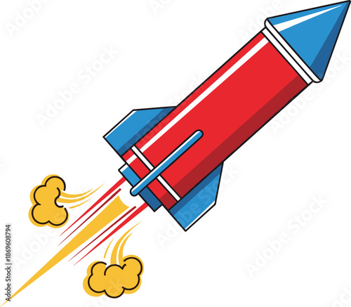 Vibrant cartoon rocket launching into the sky with smoke trails