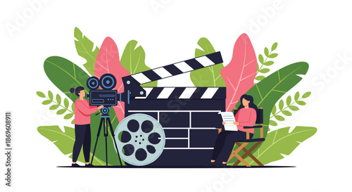 Two people work on a filmmaking set with a professional camera and a large clapboard surrounded by lush foliage symbolizing creative production and the entertainment industry.